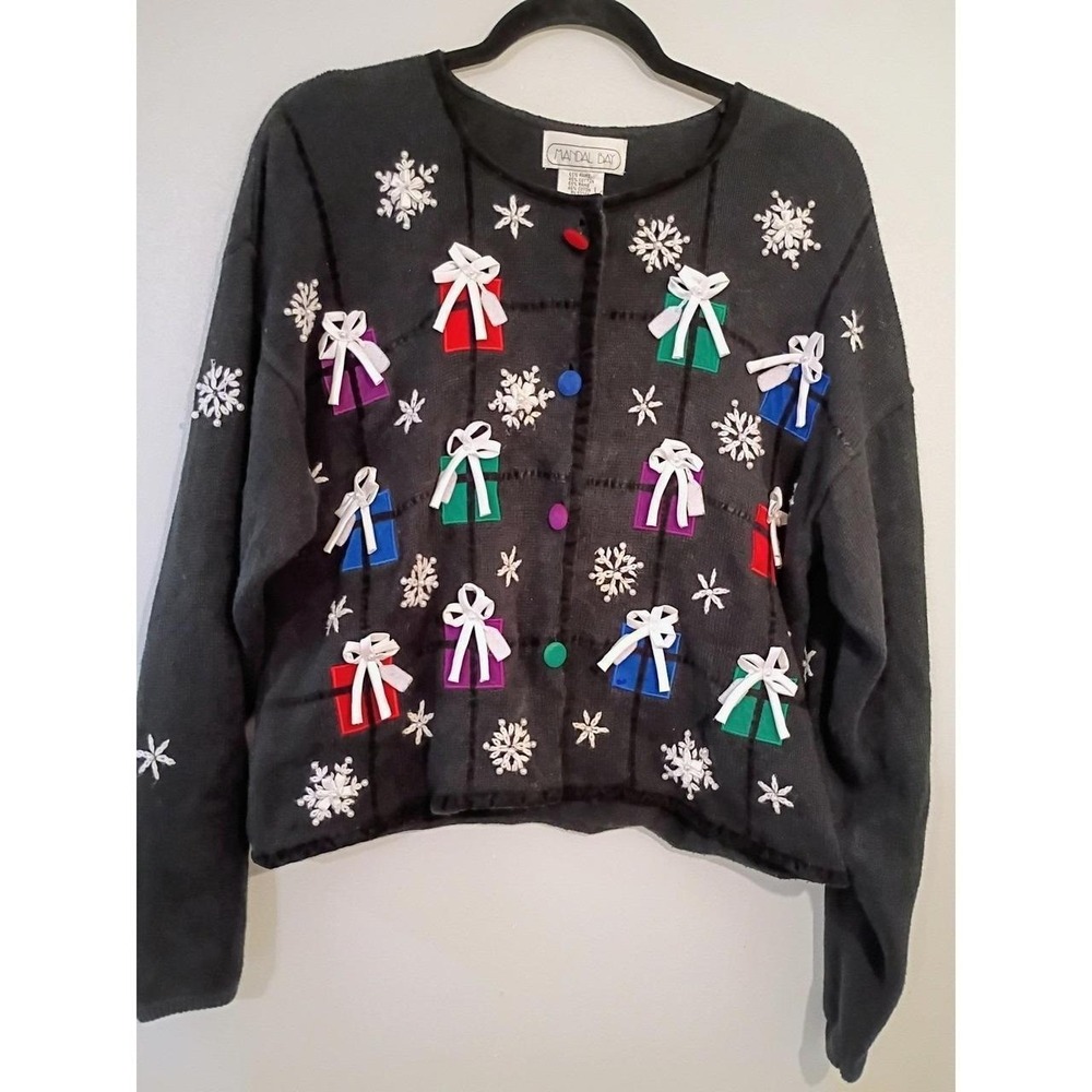 Mandal Bay Christmas Sweater Cardigan Women's Black Size Large Packages